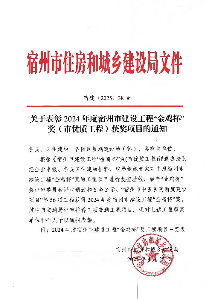 公司監(jiān)理項目斬獲宿州市“金雞杯”獎，劉斌同志榮獲“優(yōu)秀總監(jiān)理工程師”榮譽